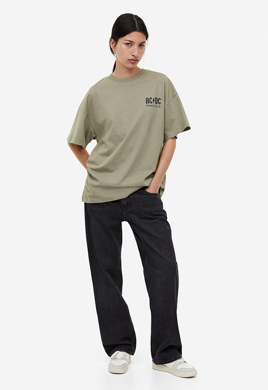 H&M - Long printed T-shirt - Khaki green AC DC