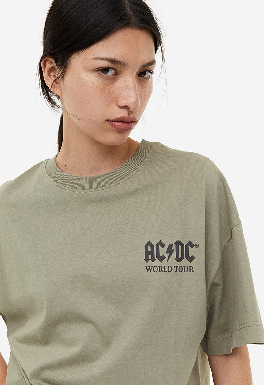 H&M - Long printed T-shirt - Khaki green AC DC