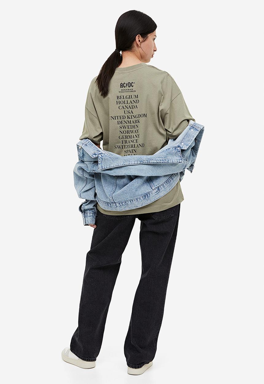 H&M - Long printed T-shirt - Khaki green AC DC