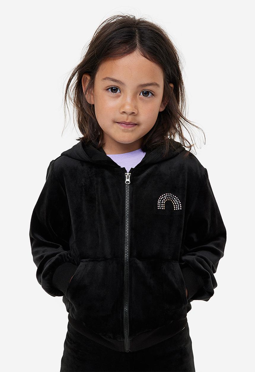 H&M - Velour zip-through hoodie - black, multi