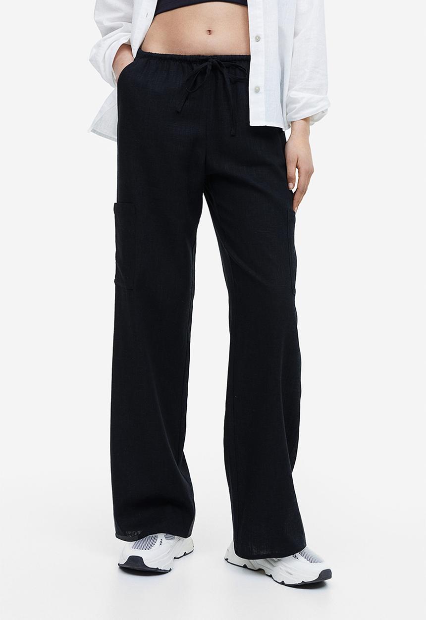 H&M - Wide linen-blend trousers - black