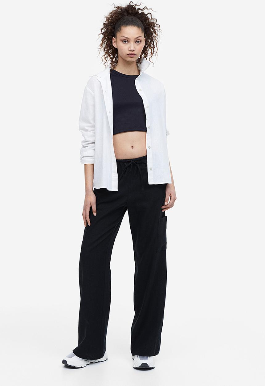 H&M - Wide linen-blend trousers - black