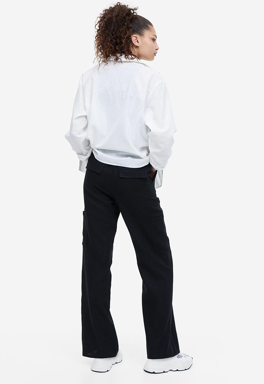 H&M - Wide linen-blend trousers - black