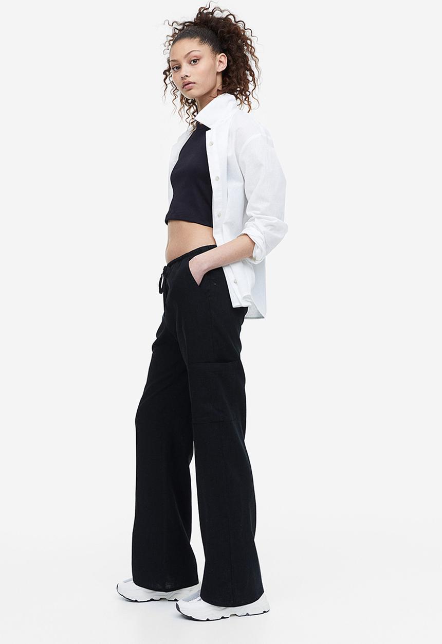 H&M - Wide linen-blend trousers - black