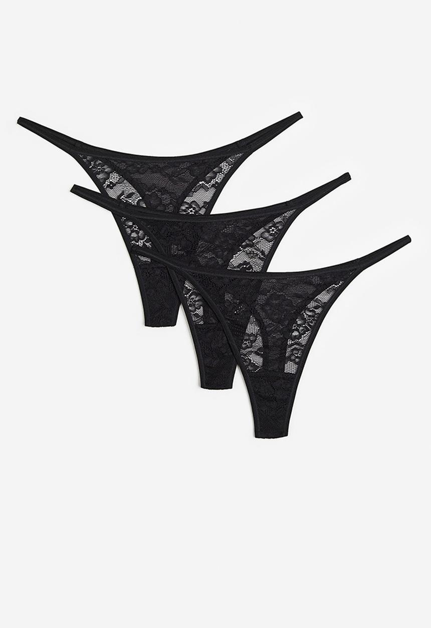 H&M - 3-pack lace thong briefs - black