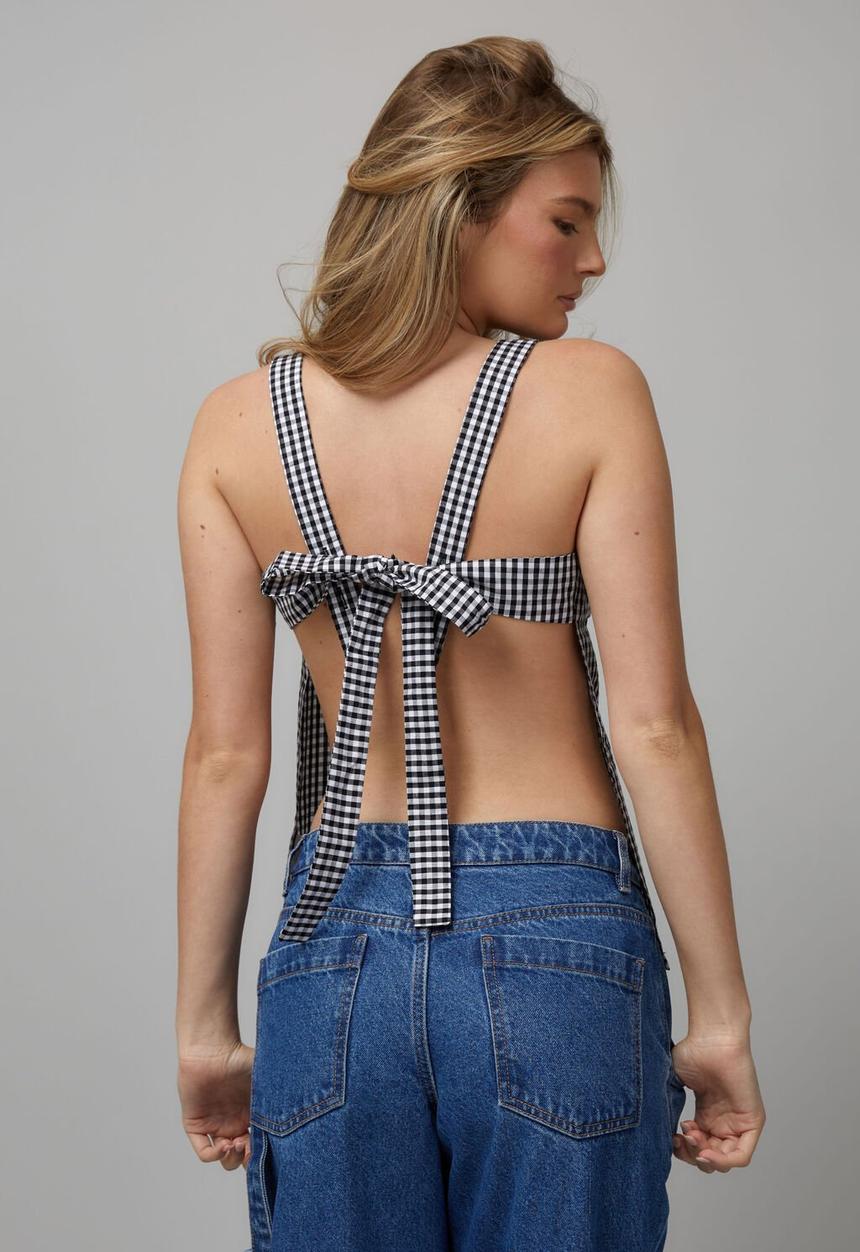 Factorie - Apron Front Tie Back Top - Black/White Gingham