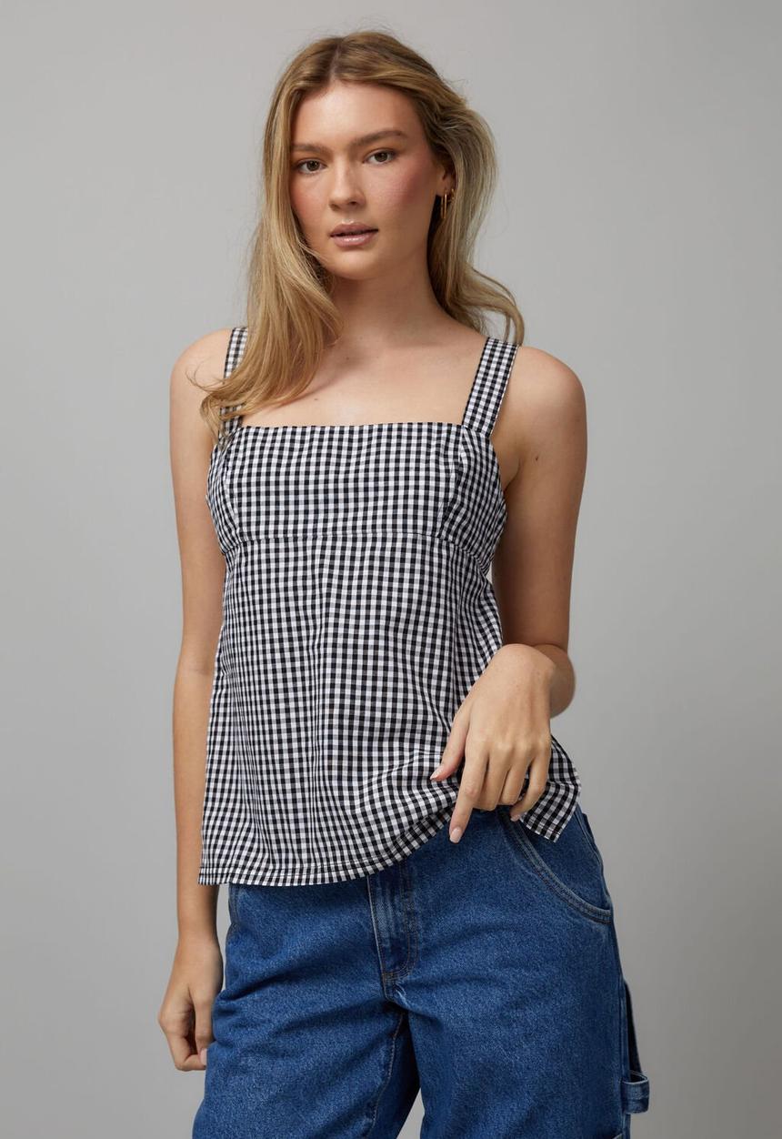 Factorie - Apron Front Tie Back Top - Black/White Gingham