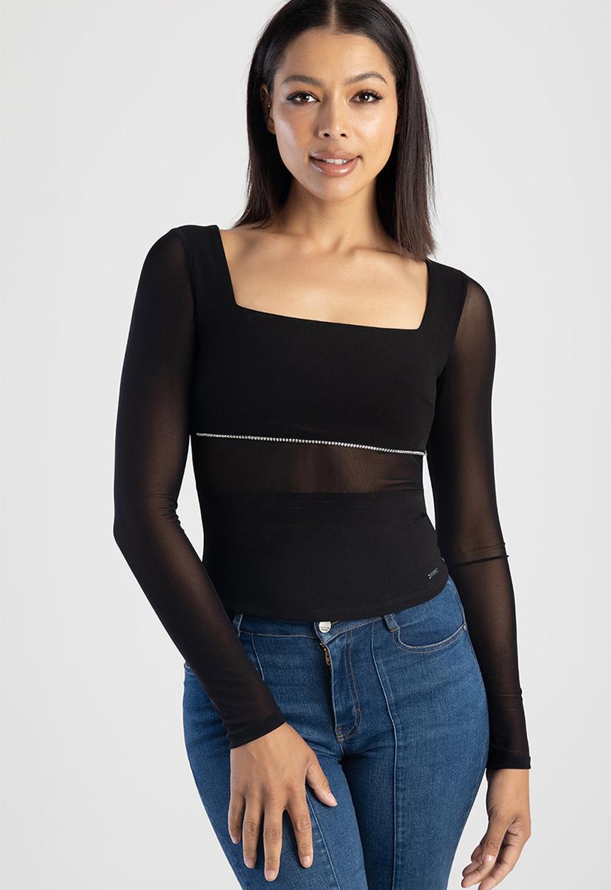 SISSY BOY - Fitted Bardot Long Sleeve With Mesh Insets - Black