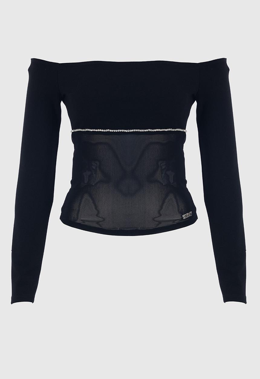 SISSY BOY - Fitted Bardot Long Sleeve With Mesh Insets - Black