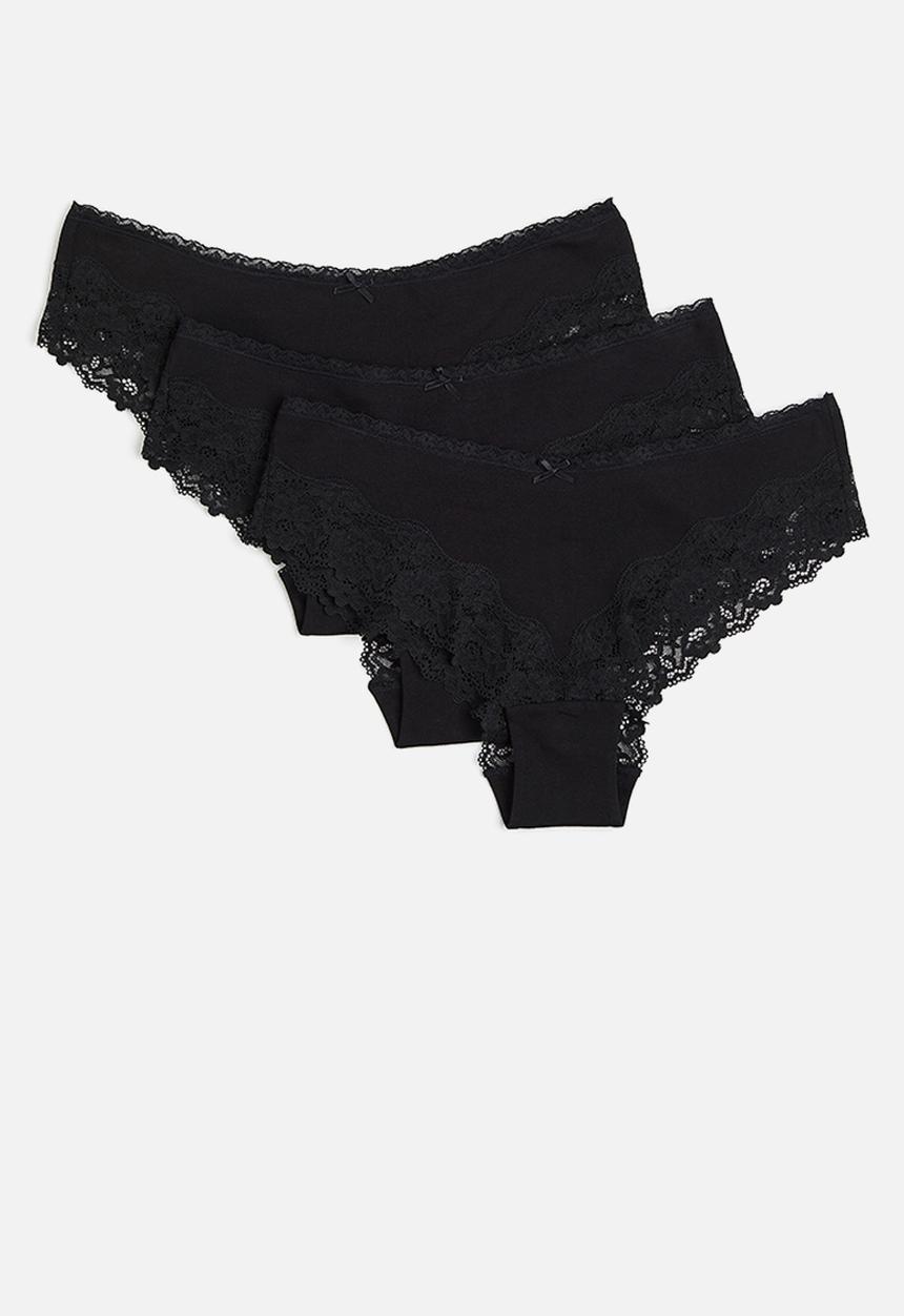 H&M - 3-Pack lace-trimmed hipster briefs - black