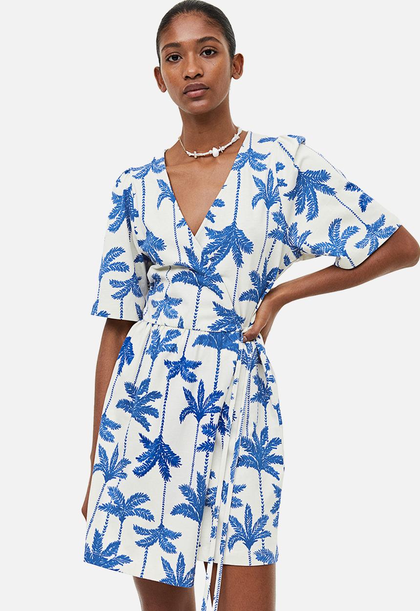 H&M - Cotton jersey wrap dress - cream & palm trees