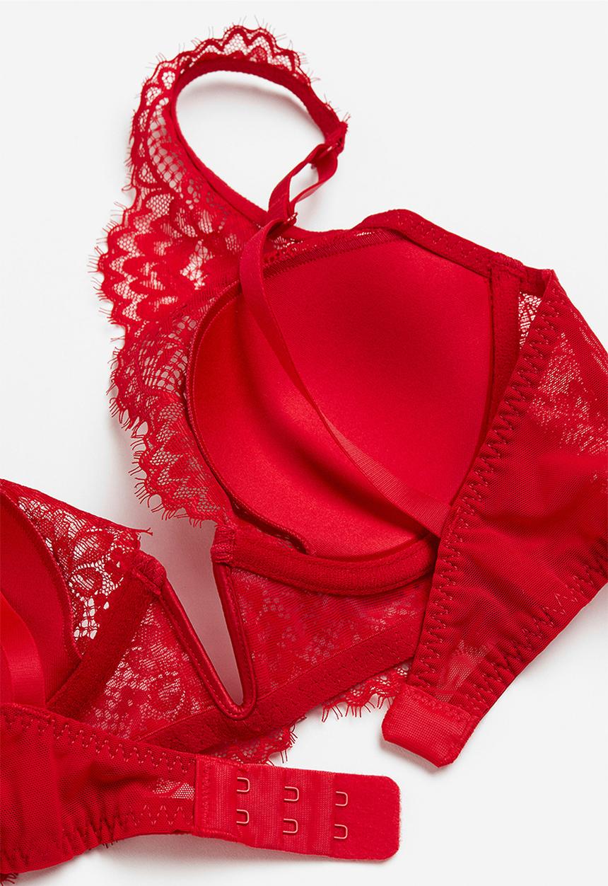 H&M - Padded underwired lace bra - red