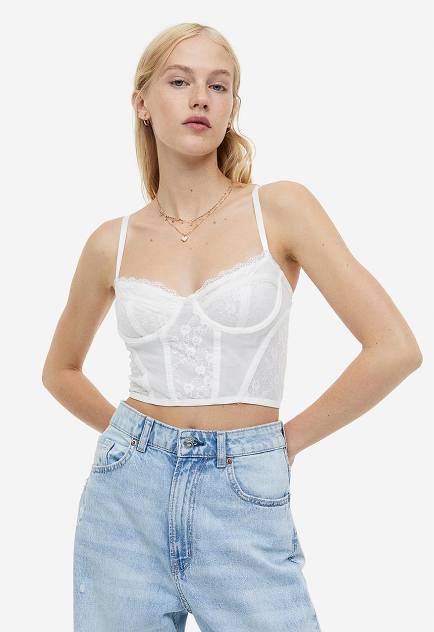 H&M - Lace-detail mesh bustier top - white