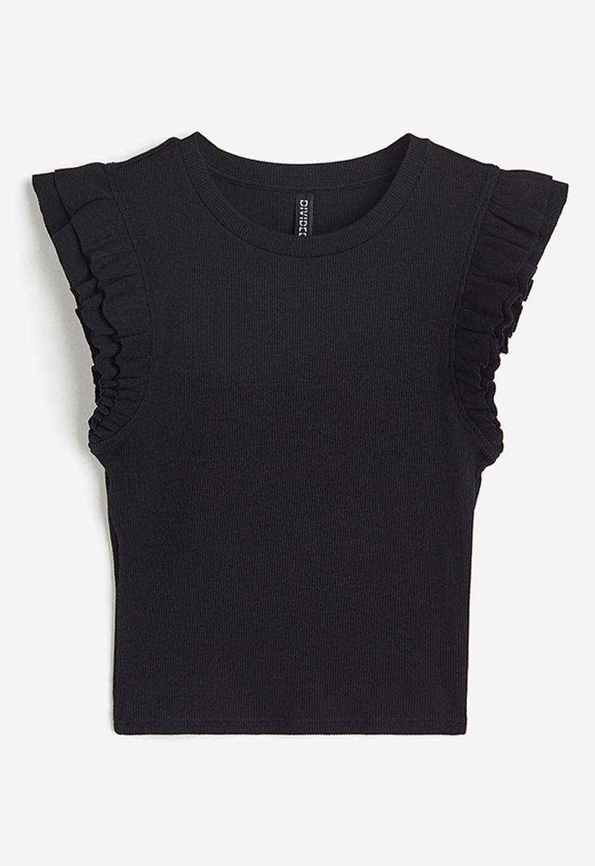 H&M - Flutter-sleeved ribbed top - black