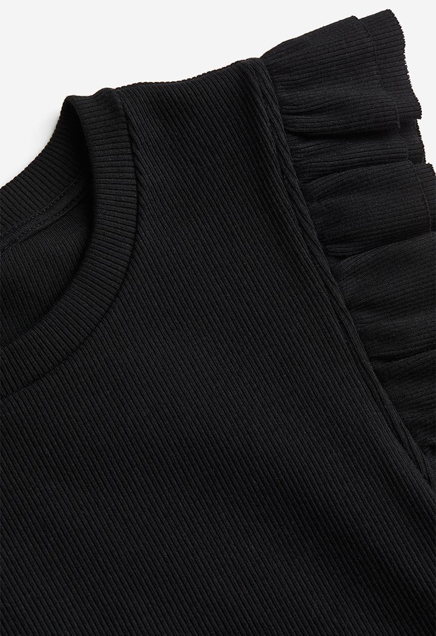 H&M - Flutter-sleeved ribbed top - black