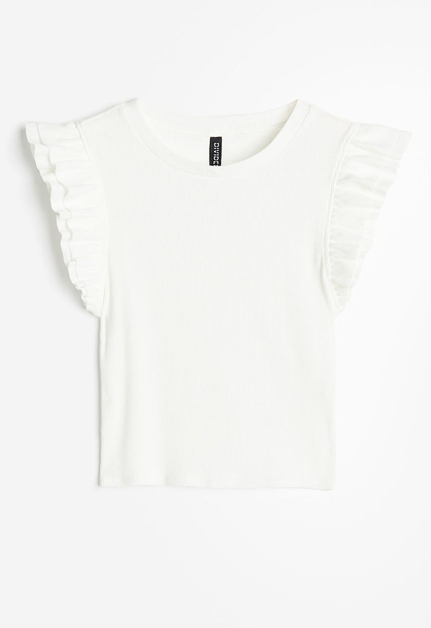 H&M - Flutter-sleeved ribbed top - white
