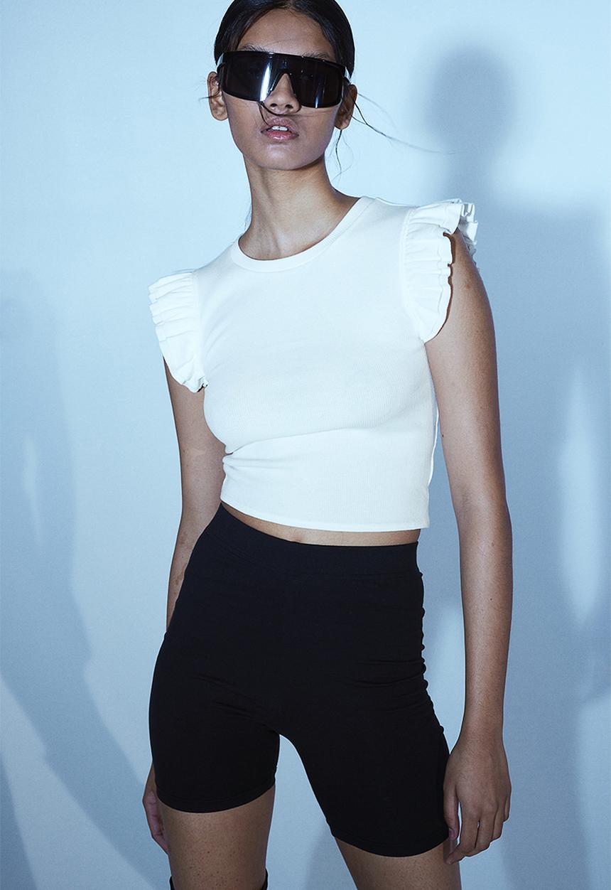 H&M - Flutter-sleeved ribbed top - white