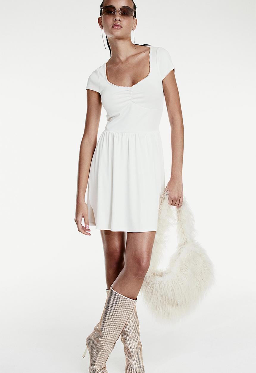 H&M - Flared-skirt ribbed dress - white