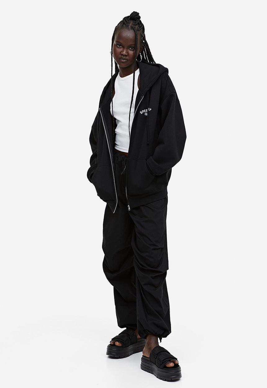 H&M - Oversized printed zip-through hoodie - black