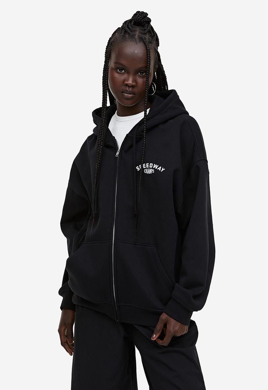 H&M - Oversized printed zip-through hoodie - black