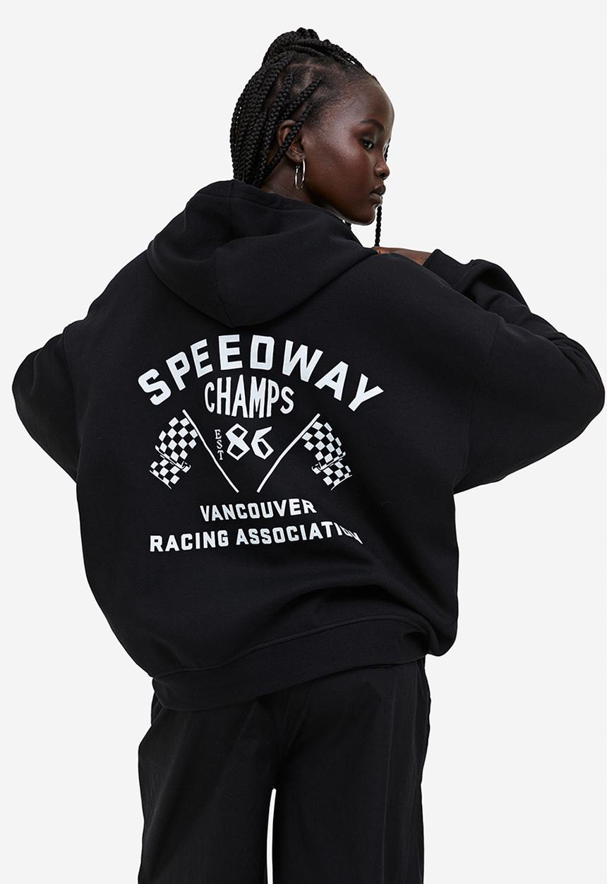 H&M - Oversized printed zip-through hoodie - black