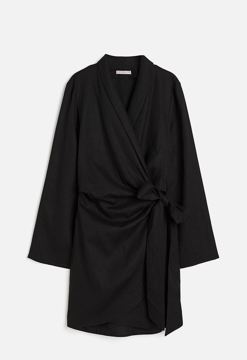 H&M - Linen-blend wrap dress - black