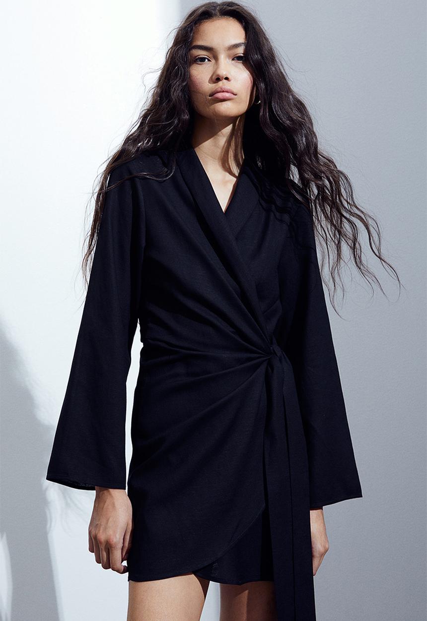 H&M - Linen-blend wrap dress - black