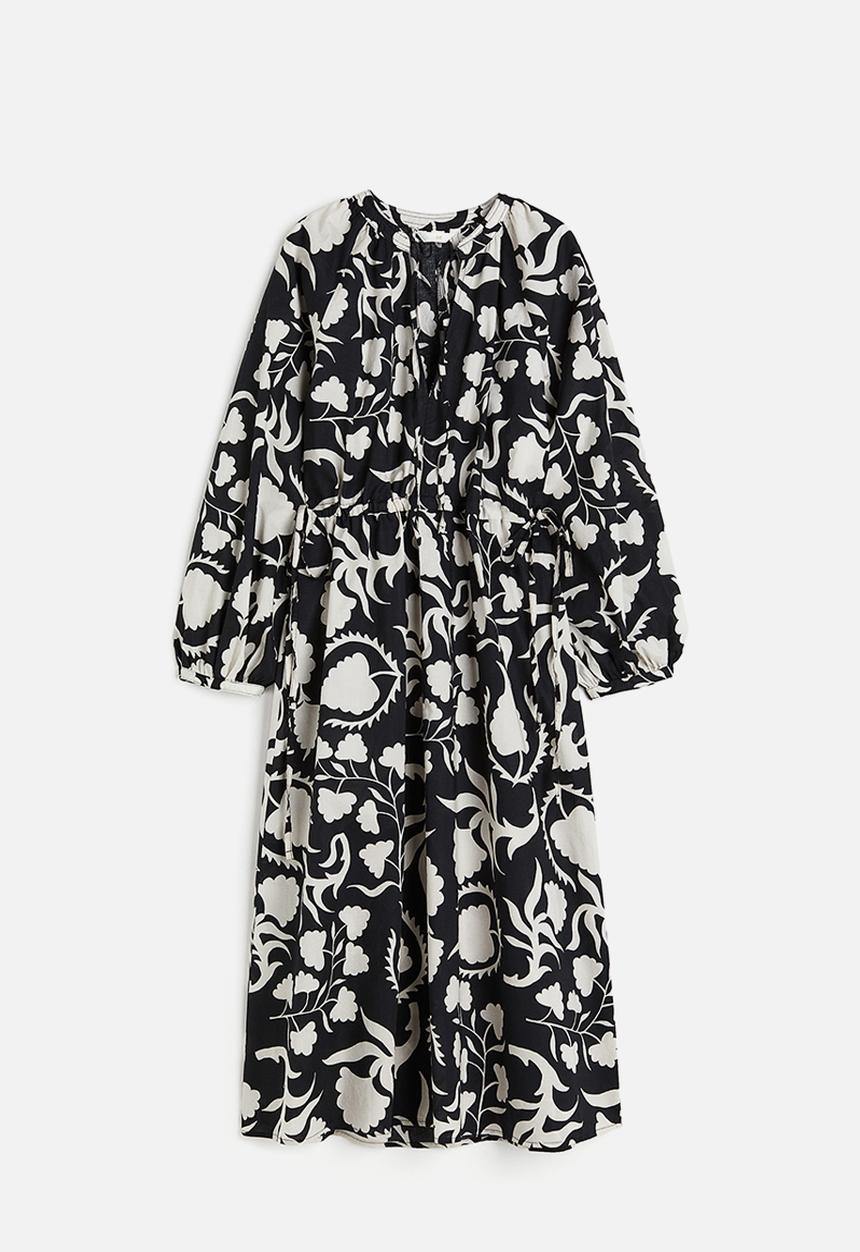 H&M - Tie-detail cotton dress - Black Patterned