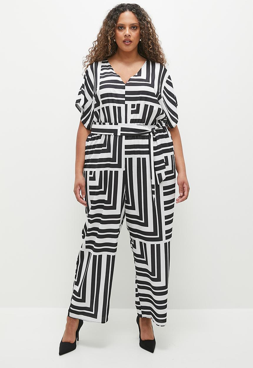 edit - Grown on sleeve printed belted jumpsuit -  stripe.