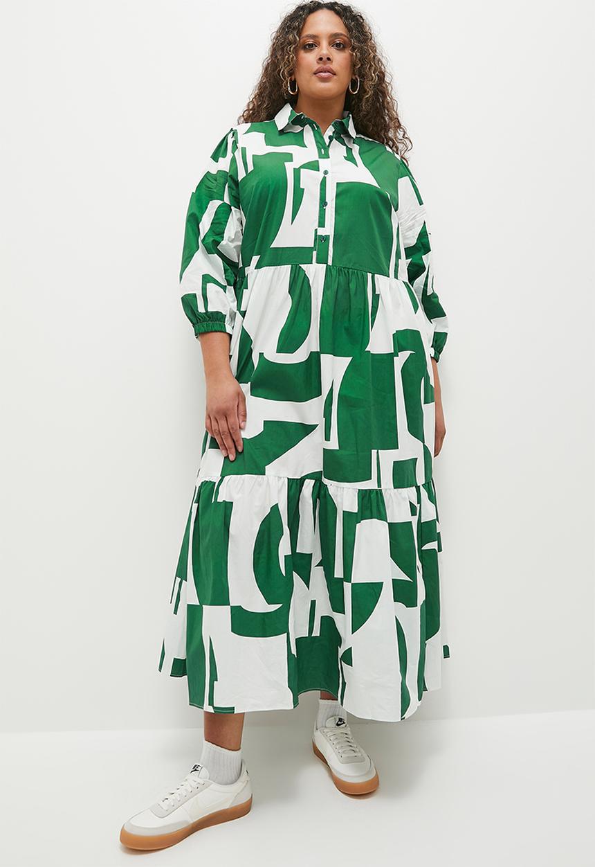 Superbalist - Tiered midi shirt dress - green cut up geo