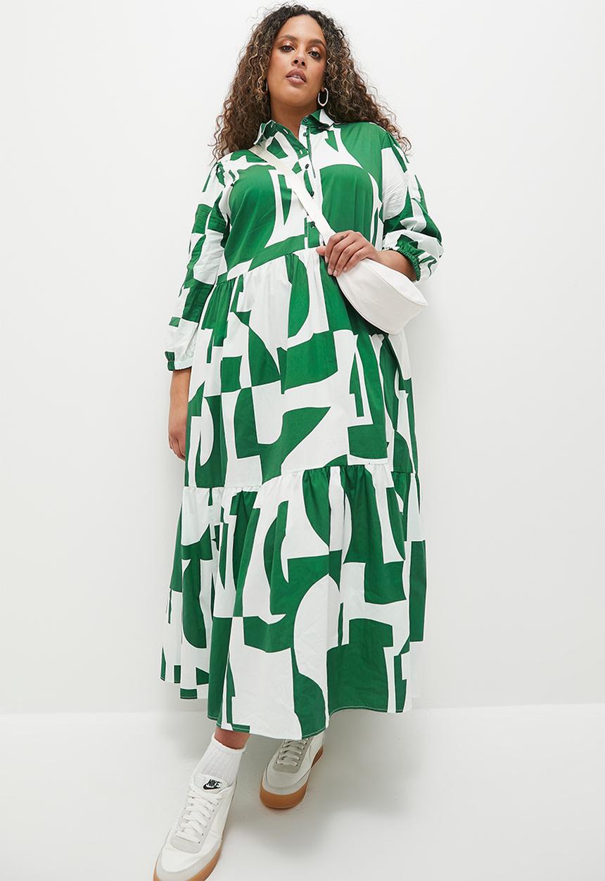 Superbalist - Tiered midi shirt dress - green cut up geo
