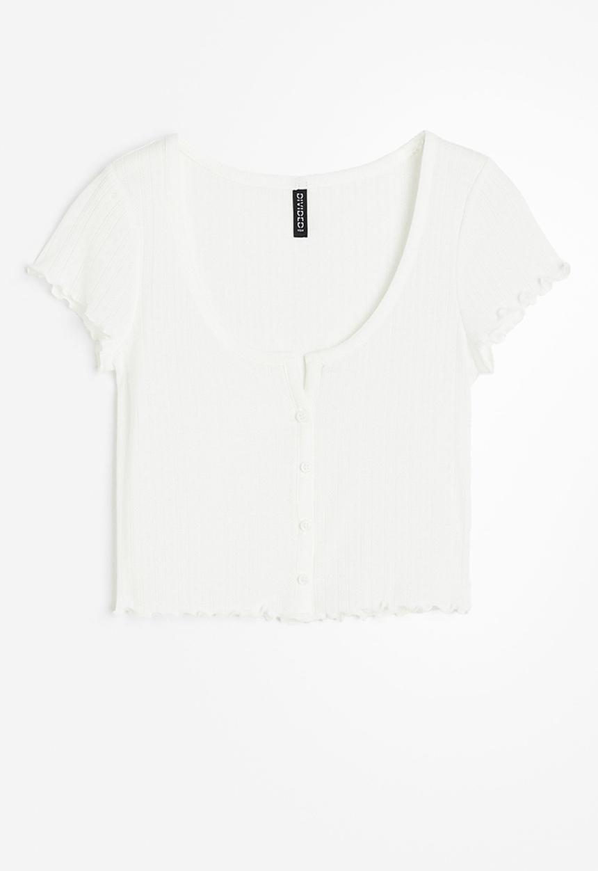 H&M - Button-front pointelle jersey top - white
