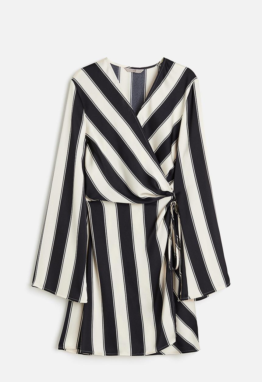 H&M - Satin wrap dress - Cream Black striped