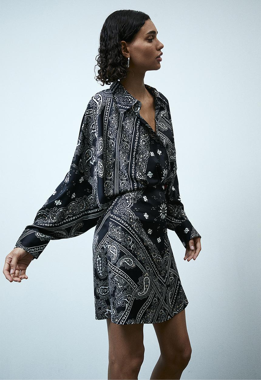 H&M - Satin shirt dress - Black Paisley-patterned