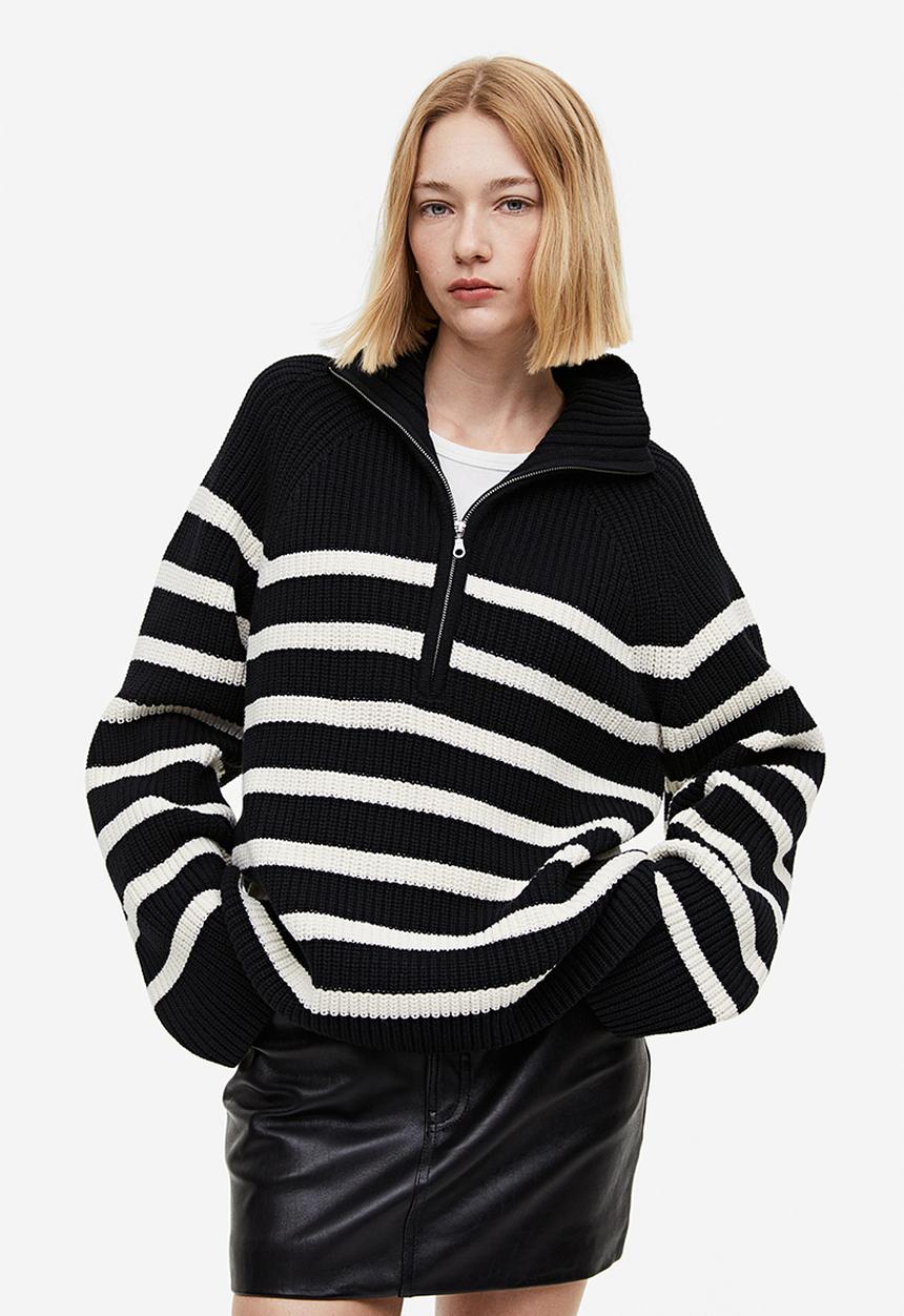 Rib-knit half-zip jumper - black, multi - 1128821003