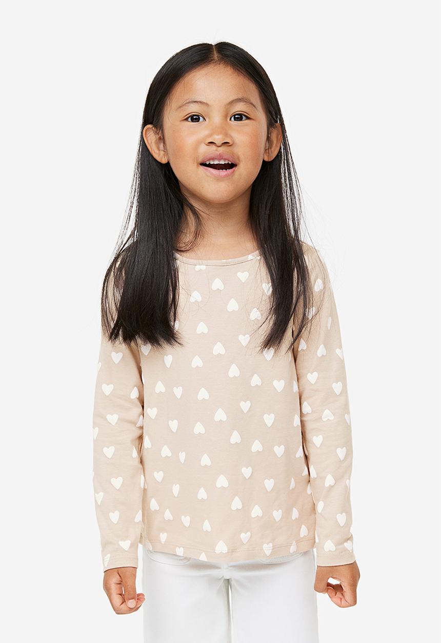 H&M - Printed jersey top - beige hearts 