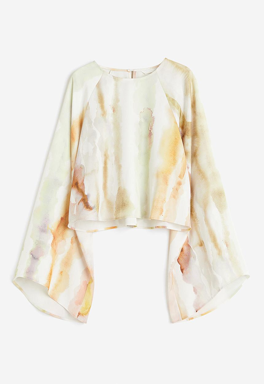 H&M - Trumpet-sleeved blouse - Cream Patterned
