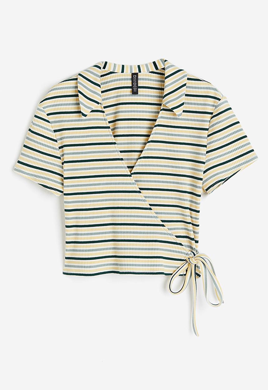 H&M - Wrapover ribbed top - Yellow/Striped
