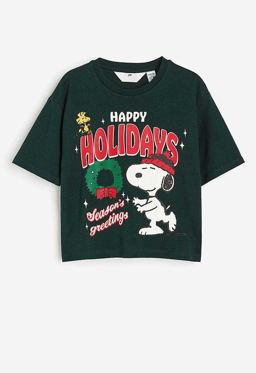 H&M - Printed T-shirt - dark green snoopy