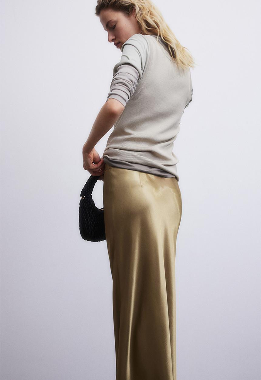 H&M - Satin maxi skirt - green, beige
