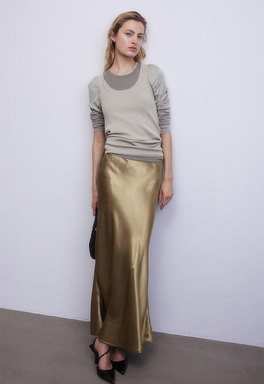 H&M - Satin maxi skirt - green, beige