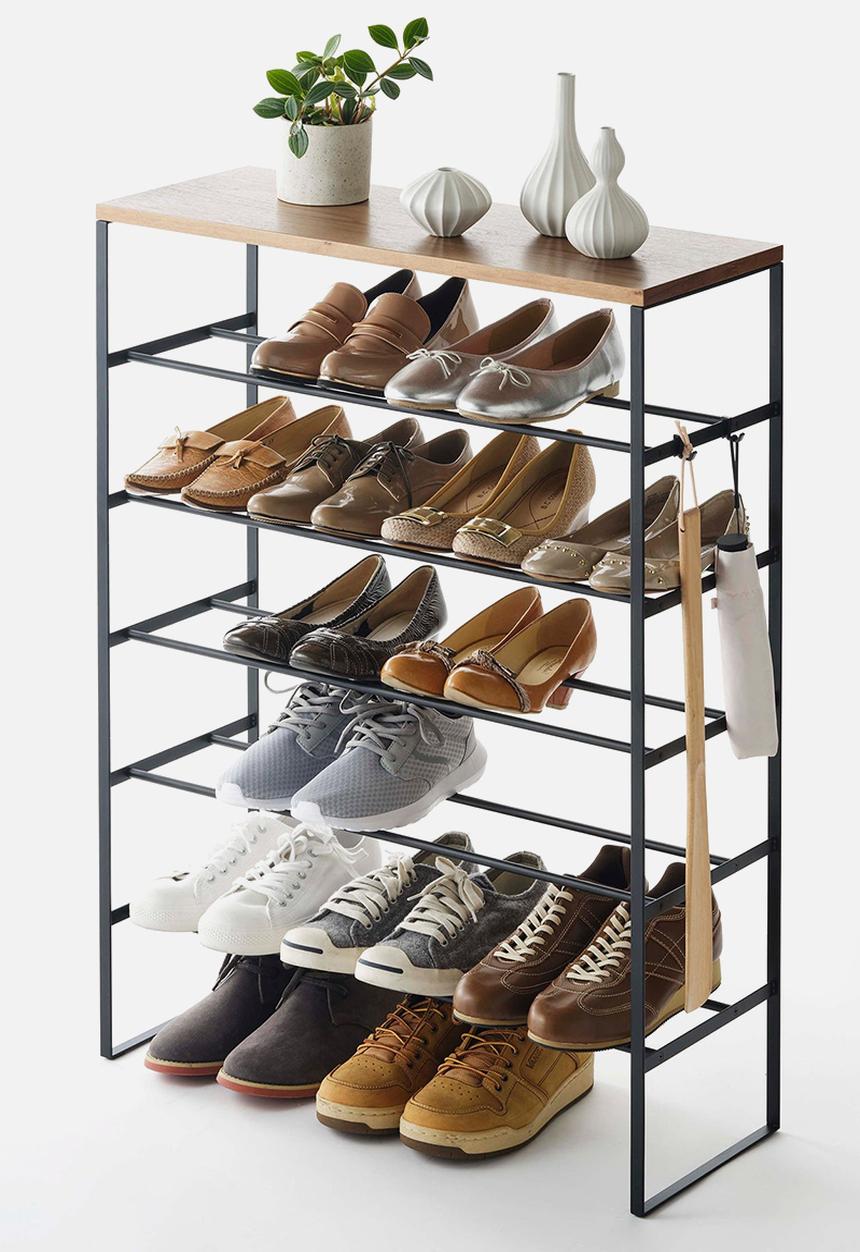 Yamazaki - Tower 6-Tiered Wood-Top Shoe Rack - Black