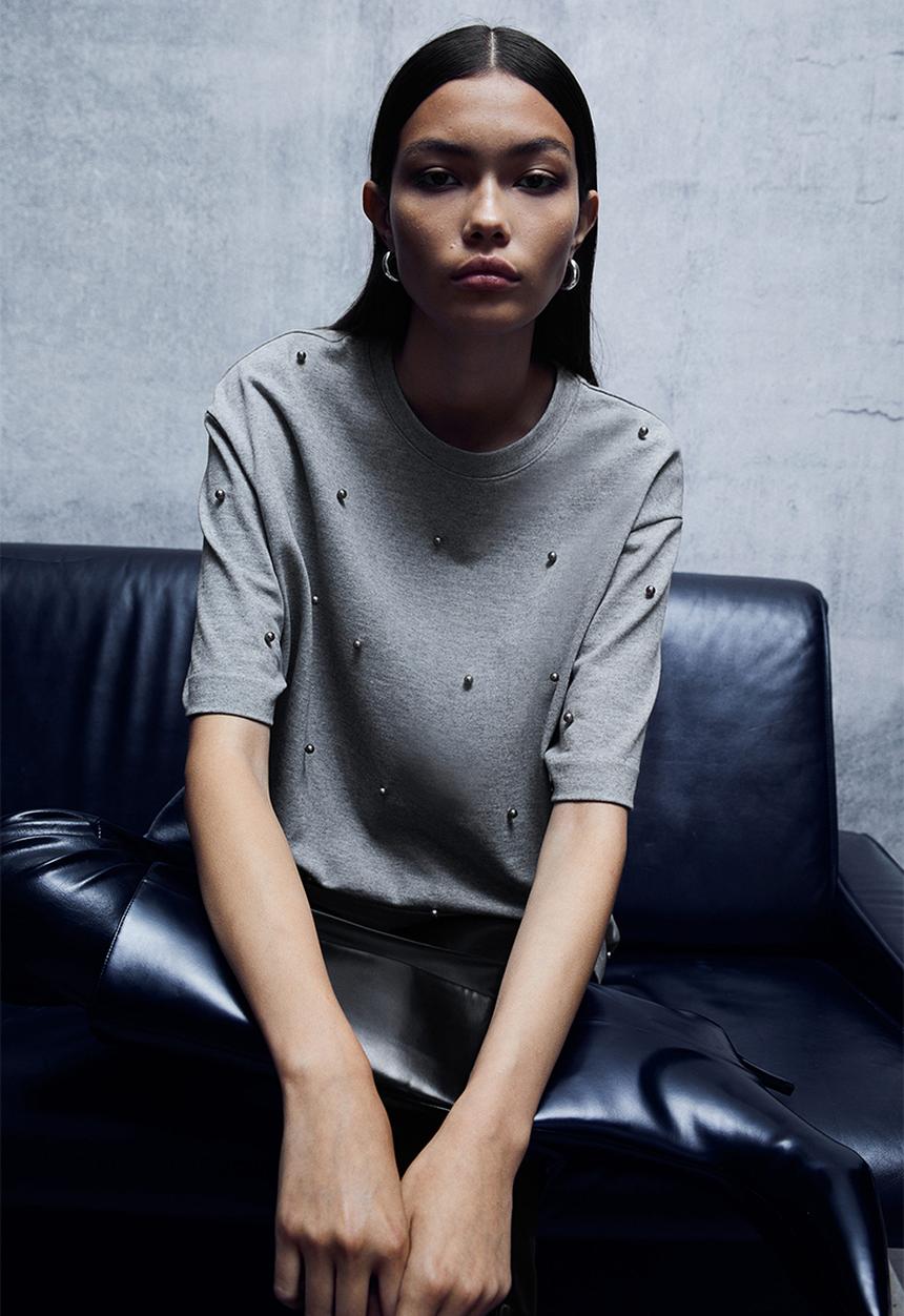 H&M - Bead-embellished t-shirt - grey, multi