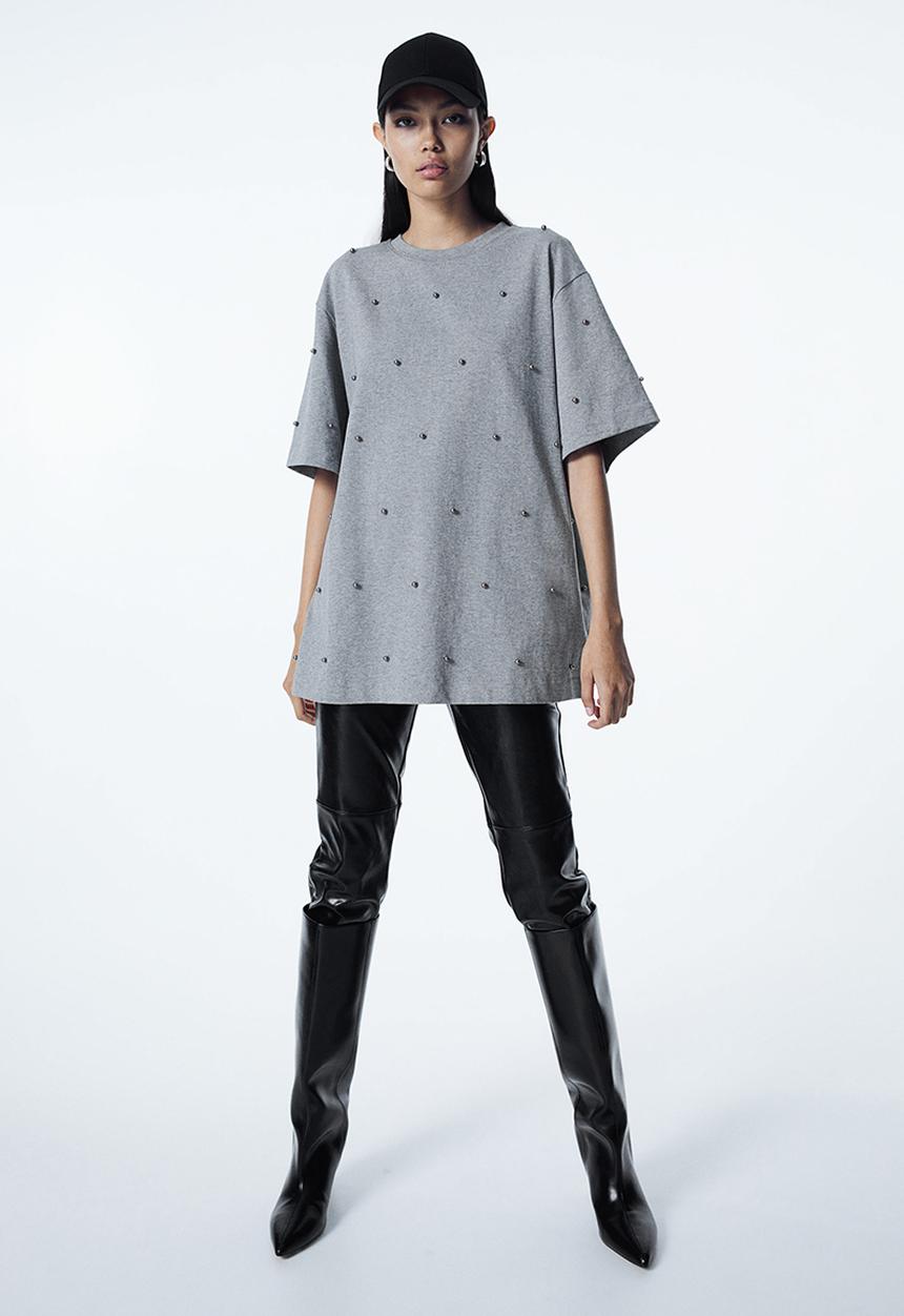 H&M - Bead-embellished t-shirt - grey, multi