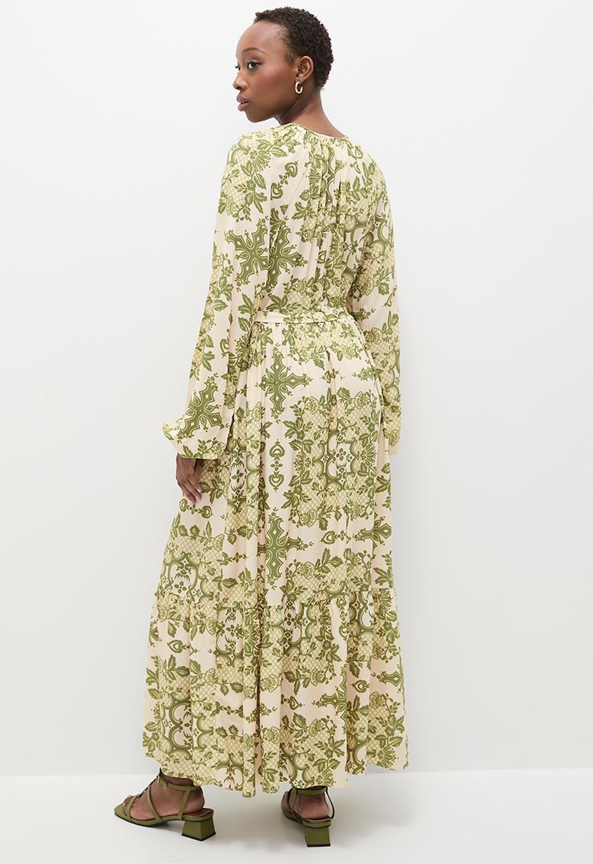 edit - Boho tiered midi dress - olive patchwork