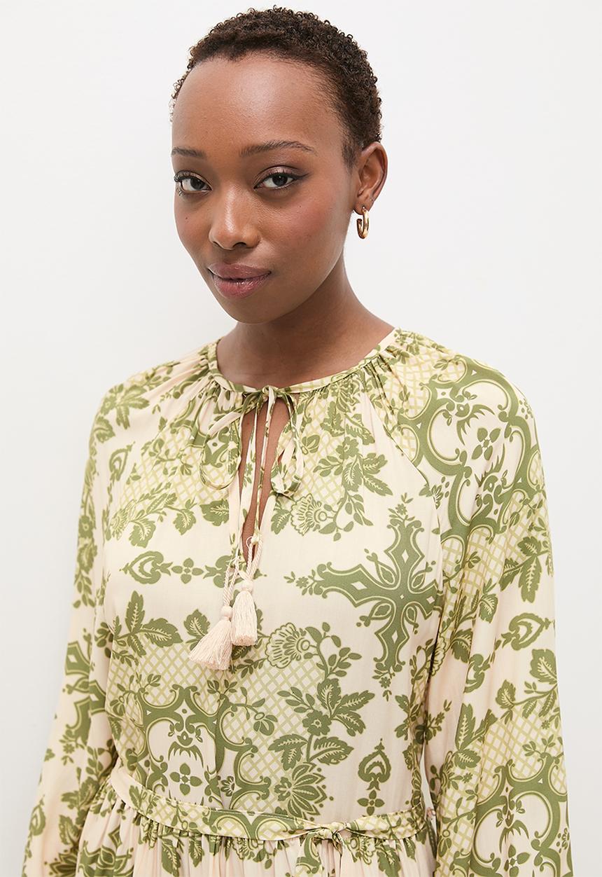 edit - Boho tiered midi dress - olive patchwork