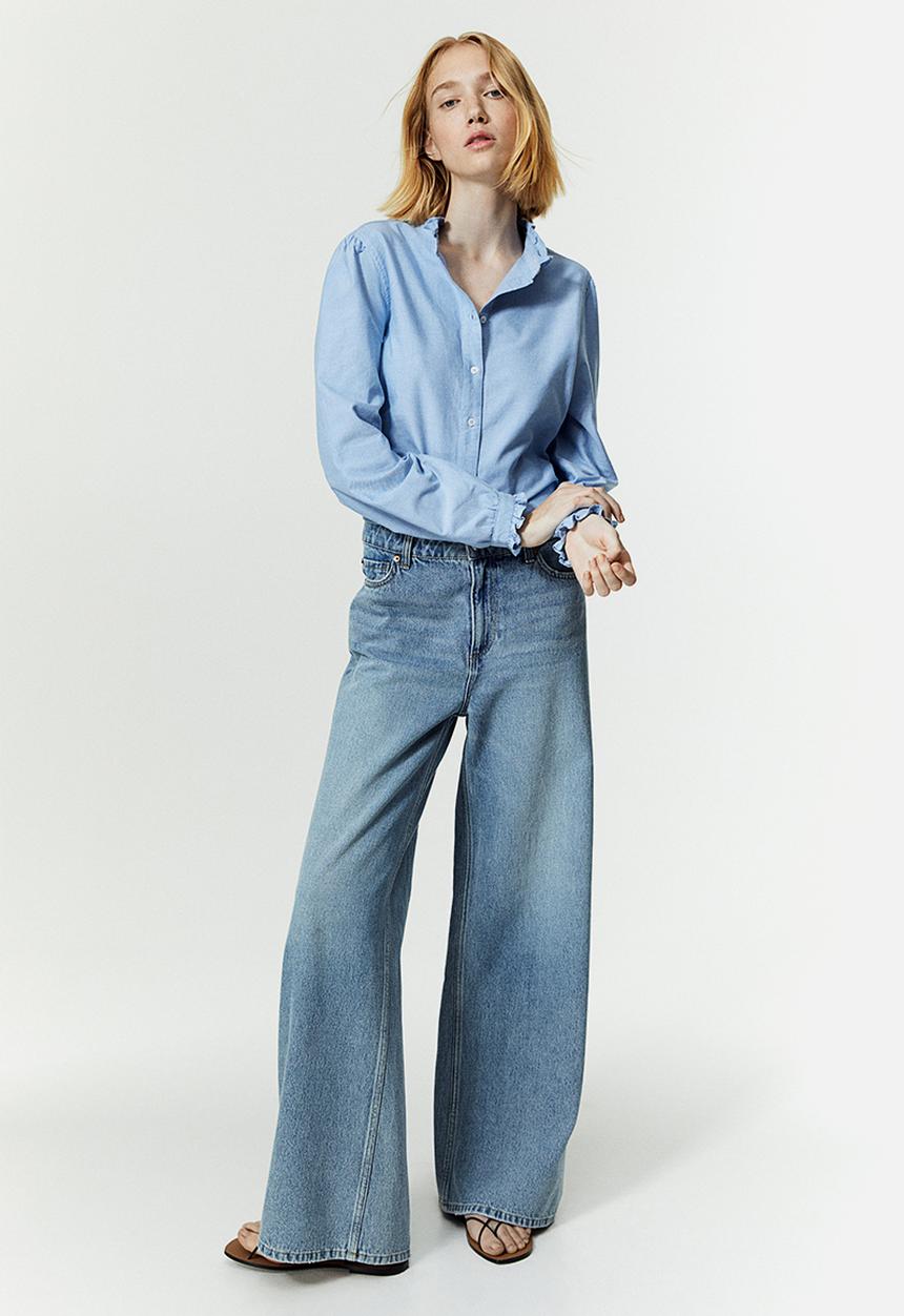 H&M - Frill-trimmed oxford blouse - blue