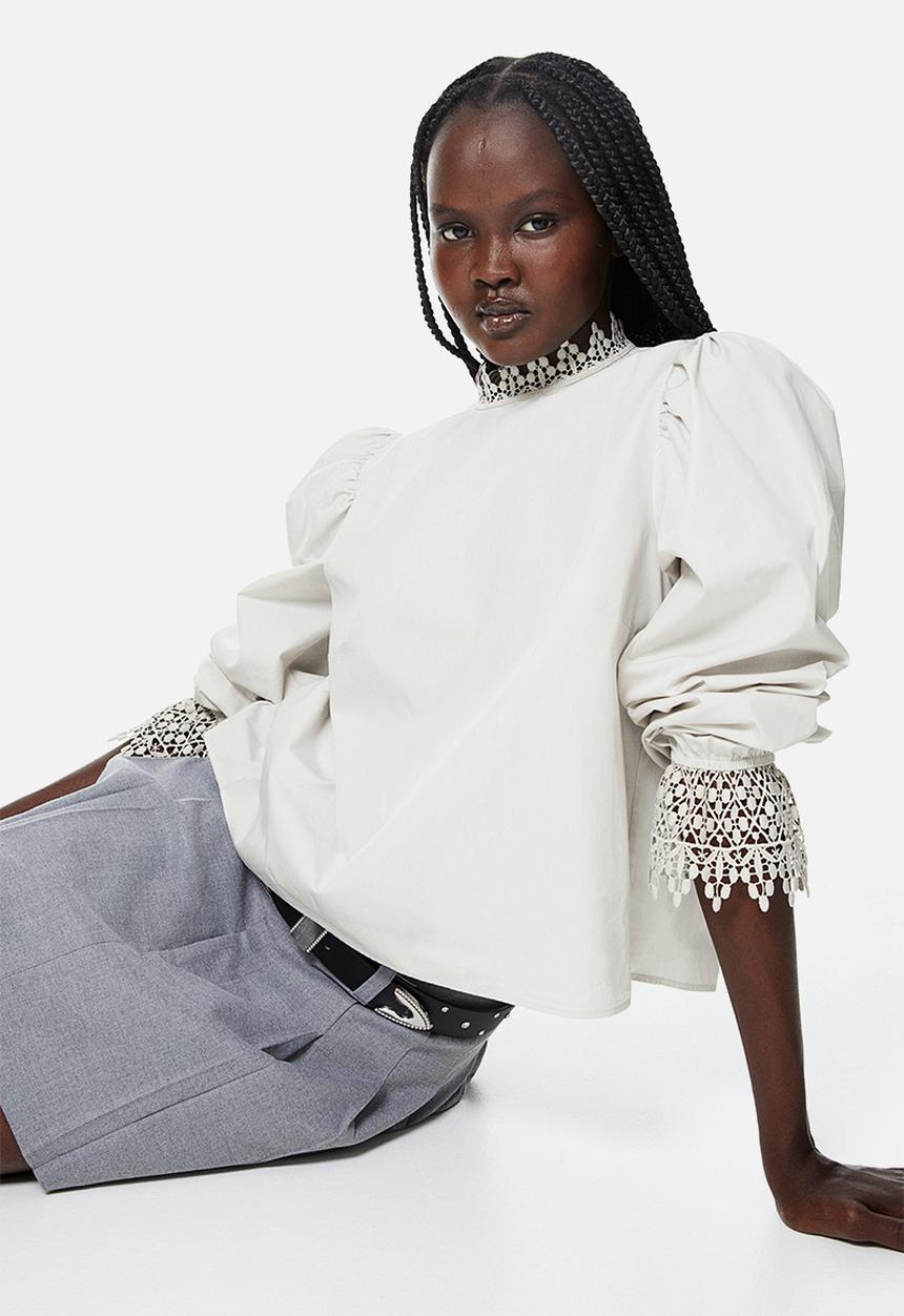 H&M - Lace-trimmed poplin top - grey