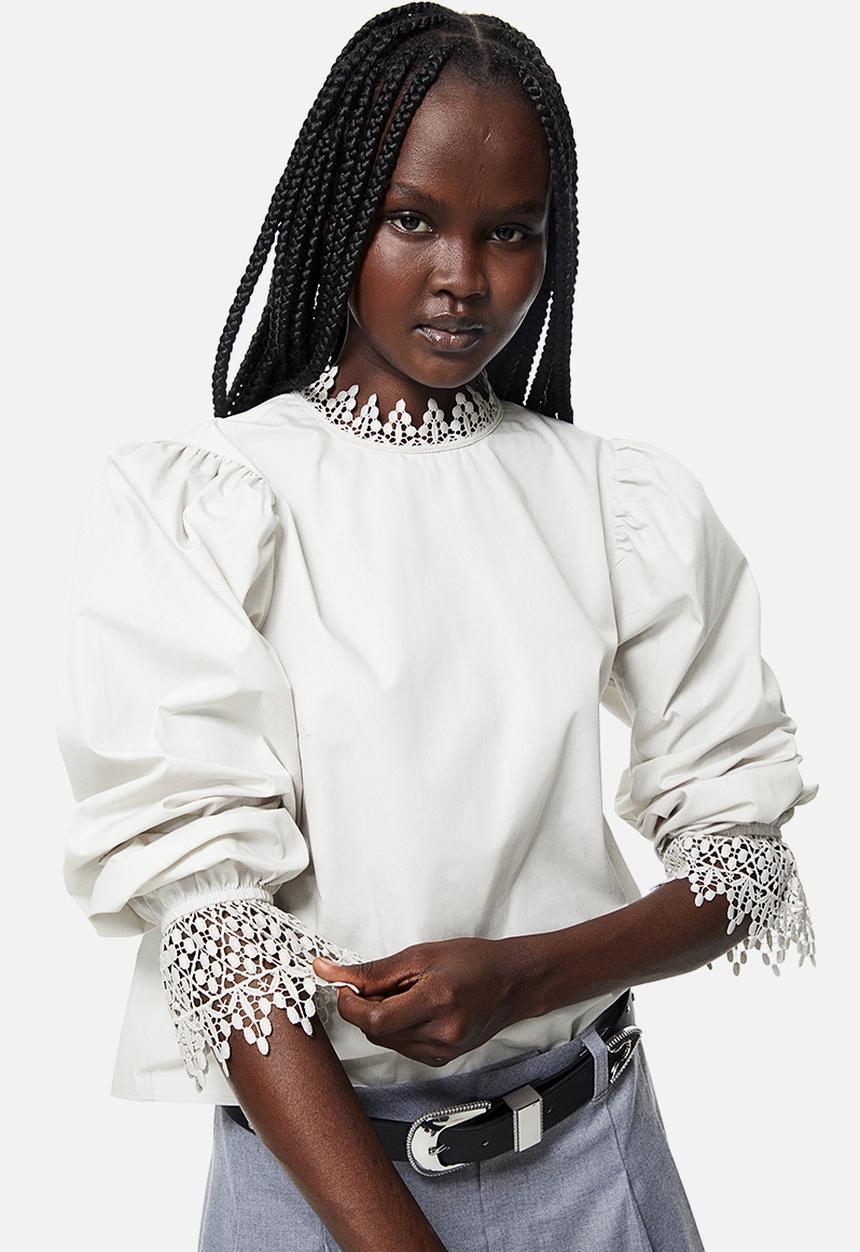 H&M - Lace-trimmed poplin top - grey