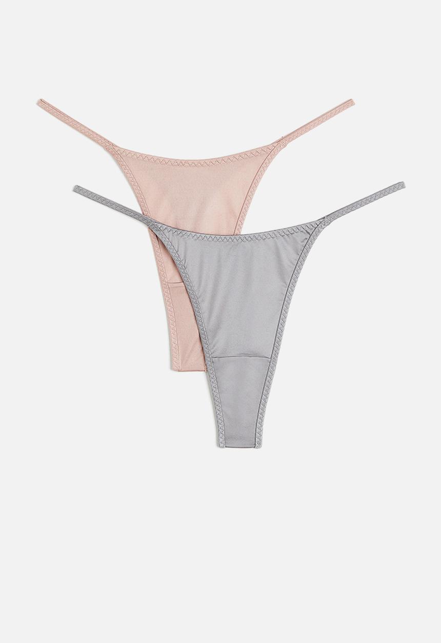 H&M - 2-pack satin thong briefs - grey & pink